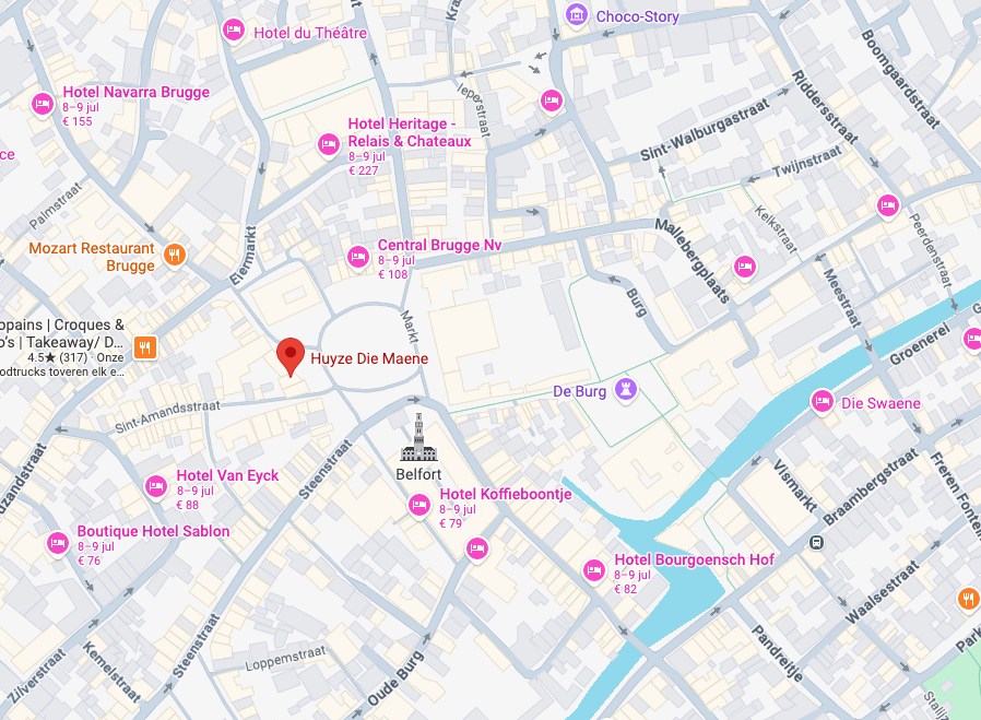 Kaart van het centrum van Brugge met Huyze Die Maene aangeduid